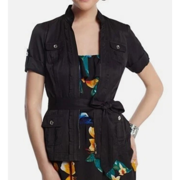 WHBM Black Short Sleeve Zip Up Ruffle Utility Jacket Blouse 4 - Picture 6 of 6
